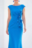 Grey Blue Mermaid Boat Neck Long Mother Of the Bride Dress with 3D Flowers