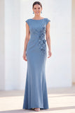Grey Blue Mermaid Boat Neck Long Mother Of the Bride Dress with 3D Flowers