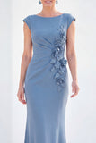 Grey Blue Mermaid Boat Neck Long Mother Of the Bride Dress with 3D Flowers