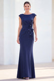 Grey Blue Mermaid Boat Neck Long Mother Of the Bride Dress with 3D Flowers