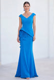 Green Mermaid Ruched  V-Neck Long Mother Of the Bride Dress with 3D Flowers
