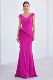 Green Mermaid Ruched  V-Neck Long Mother Of the Bride Dress with 3D Flowers
