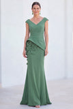 Green Mermaid Ruched  V-Neck Long Mother Of the Bride Dress with 3D Flowers