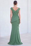 Green Mermaid Ruched  V-Neck Long Mother Of the Bride Dress with 3D Flowers