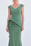 Green Mermaid Ruched  V-Neck Long Mother Of the Bride Dress with 3D Flowers