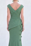 Green Mermaid Ruched  V-Neck Long Mother Of the Bride Dress with 3D Flowers