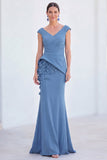 Green Mermaid Ruched  V-Neck Long Mother Of the Bride Dress with 3D Flowers