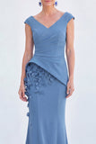 Green Mermaid Ruched  V-Neck Long Mother Of the Bride Dress with 3D Flowers