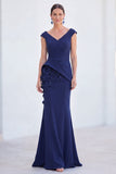 Green Mermaid Ruched  V-Neck Long Mother Of the Bride Dress with 3D Flowers