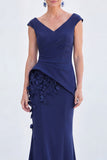 Green Mermaid Ruched  V-Neck Long Mother Of the Bride Dress with 3D Flowers
