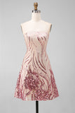 Sparkly Strapless A-Line Gold and Pink Party Dress with Sequins