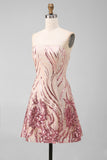 Sparkly Strapless A-Line Gold and Pink Party Dress with Sequins