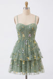 A-Line Dusty Sage Tulle Floral Corset Homecoming Dress with Bow