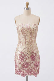 Sparkly Strapless Gold and Pink Bodycon Sequins Cocktail Party Dress