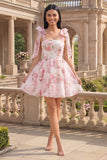 White Pink Flower A-Line Thick Straps Chiffon Homecoming Dress