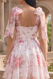 White Pink Flower A-Line Thick Straps Chiffon Homecoming Dress