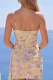 One Shoulder Bodycon Light Yellow Floral Homecoming Dress with Sash