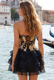 Sweetheart A-Line Gold and Black Tiered Party Dress with Lace Up Back