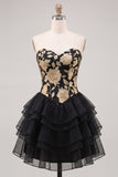 Sweetheart A-Line Gold and Black Tiered Party Dress with Lace Up Back