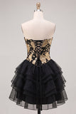 Sweetheart A-Line Gold and Black Tiered Party Dress with Lace Up Back
