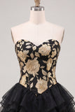 Sweetheart A-Line Gold and Black Tiered Party Dress with Lace Up Back
