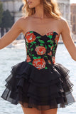 Sweetheart A-Line Gold and Black Tiered Party Dress with Lace Up Back
