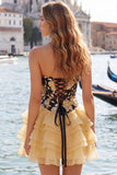 Sweetheart A-Line Gold and Black Tiered Party Dress with Lace Up Back