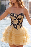 Sweetheart A-Line Gold and Black Tiered Party Dress with Lace Up Back
