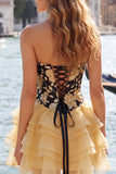 Sweetheart A-Line Gold and Black Tiered Party Dress with Lace Up Back