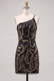 Sparkly Black One Shoulder Sequins Bodycon Cocktail Party Dress