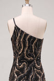 Sparkly Black One Shoulder Sequins Bodycon Cocktail Party Dress