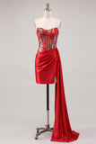 Sweetheart Red Sheer Corset Bodycon Ruched Sequins Cocktail Dress with Sash