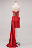 Sweetheart Red Sheer Corset Bodycon Ruched Sequins Cocktail Dress with Sash