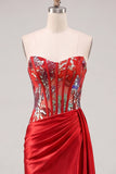 Sweetheart Red Sheer Corset Bodycon Ruched Sequins Cocktail Dress with Sash