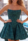 Strapless Hot Pink Floral A-Line Jacquard Cocktail Party Dress with Bow