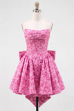 Strapless Hot Pink Floral A-Line Jacquard Cocktail Party Dress with Bow