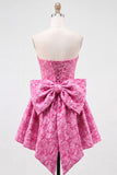 Strapless Hot Pink Floral A-Line Jacquard Cocktail Party Dress with Bow