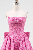 Strapless Hot Pink Floral A-Line Jacquard Cocktail Party Dress with Bow