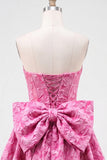 Strapless Hot Pink Floral A-Line Jacquard Cocktail Party Dress with Bow