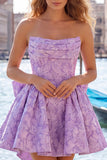 Strapless Hot Pink Floral A-Line Jacquard Cocktail Party Dress with Bow