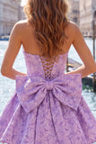 Strapless Hot Pink Floral A-Line Jacquard Cocktail Party Dress with Bow