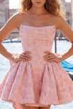 Strapless Hot Pink Floral A-Line Jacquard Cocktail Party Dress with Bow
