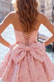 Strapless Hot Pink Floral A-Line Jacquard Cocktail Party Dress with Bow