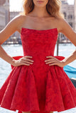 Strapless Hot Pink Floral A-Line Jacquard Cocktail Party Dress with Bow