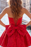 Strapless Hot Pink Floral A-Line Jacquard Cocktail Party Dress with Bow