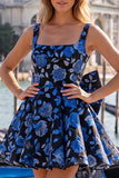 Light Blue Square Neck A-Line Cocktail Dress with Bow