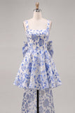 Light Blue Square Neck A-Line Cocktail Dress with Bow