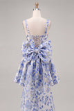 Light Blue Square Neck A-Line Cocktail Dress with Bow