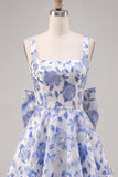 Light Blue Square Neck A-Line Cocktail Dress with Bow