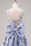 Light Blue Square Neck A-Line Cocktail Dress with Bow